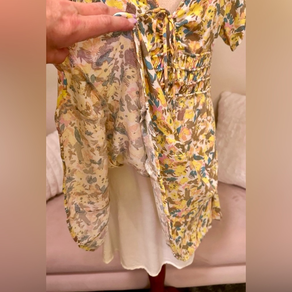 Free People Forget Me Knot yellow floral tie front V neck minidress women’s Sz 8 - Picture 8 of 14